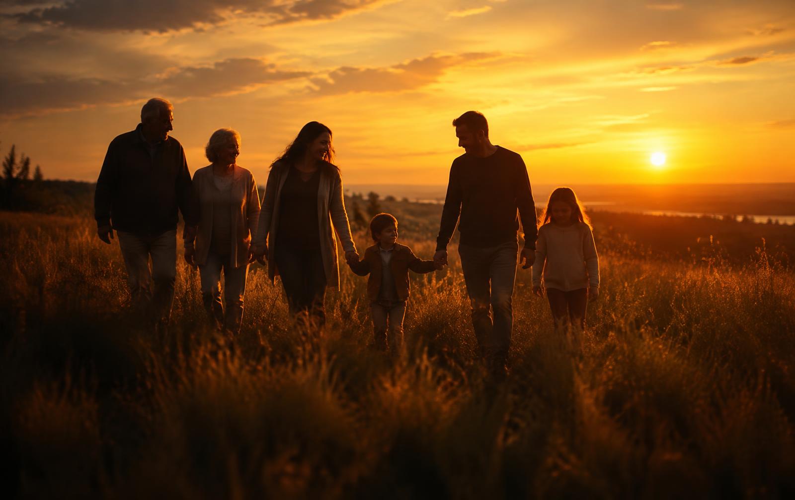 Family walking at sunset